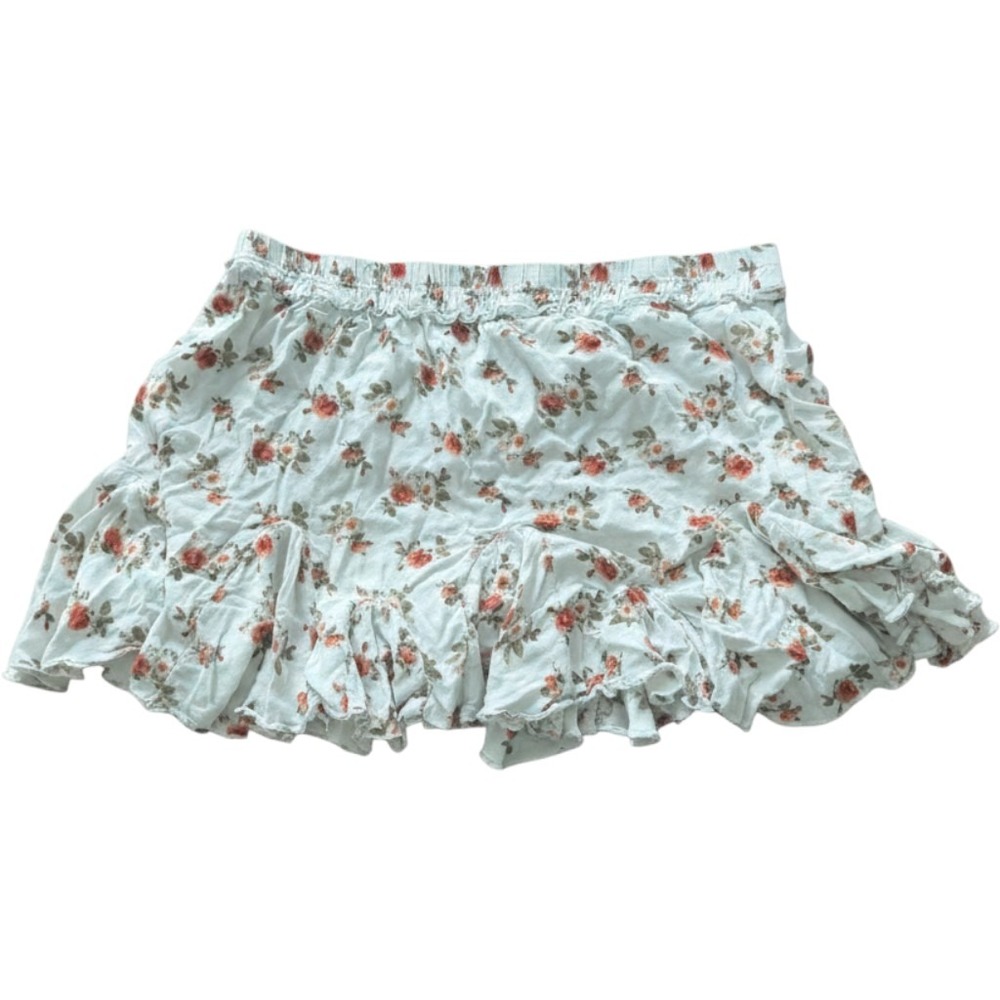 Forever 21 Floral Mini Skirt White Peach Rose Ruffle Hem Elastic Waist Large